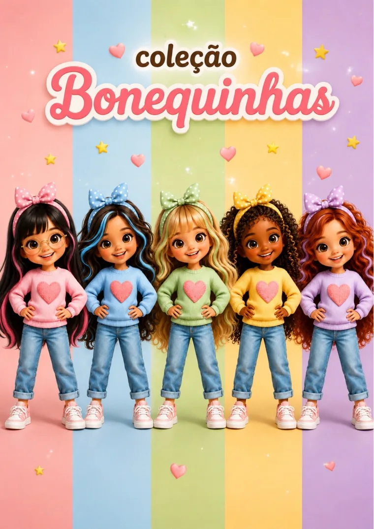 Capa da Coleção Bonequinhas, criada no curso, com cinco personagens em cores pastel