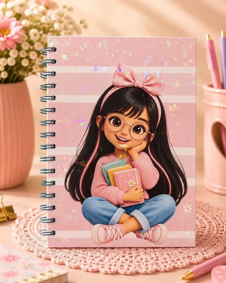 Caderno espiral rosa: Capa com coleção de bonequinhas