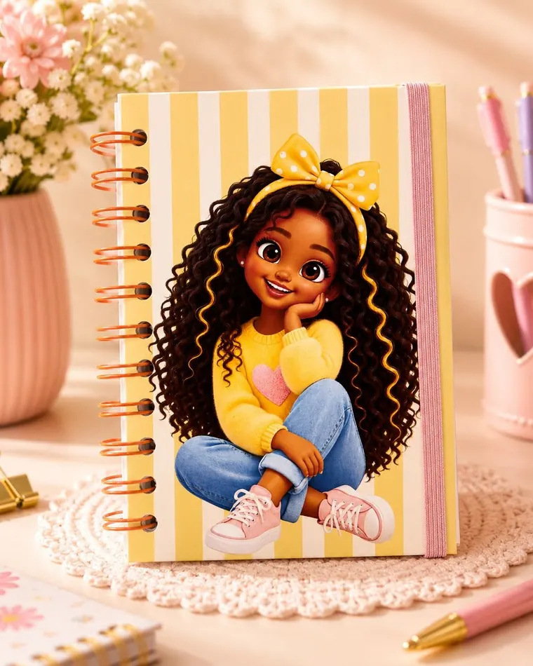 Caderno com elástico: Espiral laranja e fechamento rosa